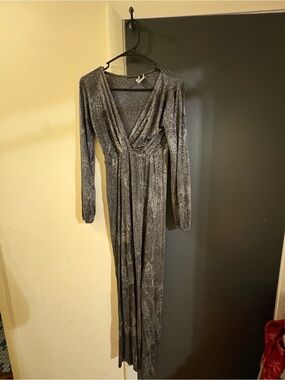 Metallic Silver Long Sleeve V-Neck Maxi Dress
